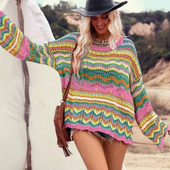 Boho cozy color block oversized woven sweater top - Picture 2 of 5